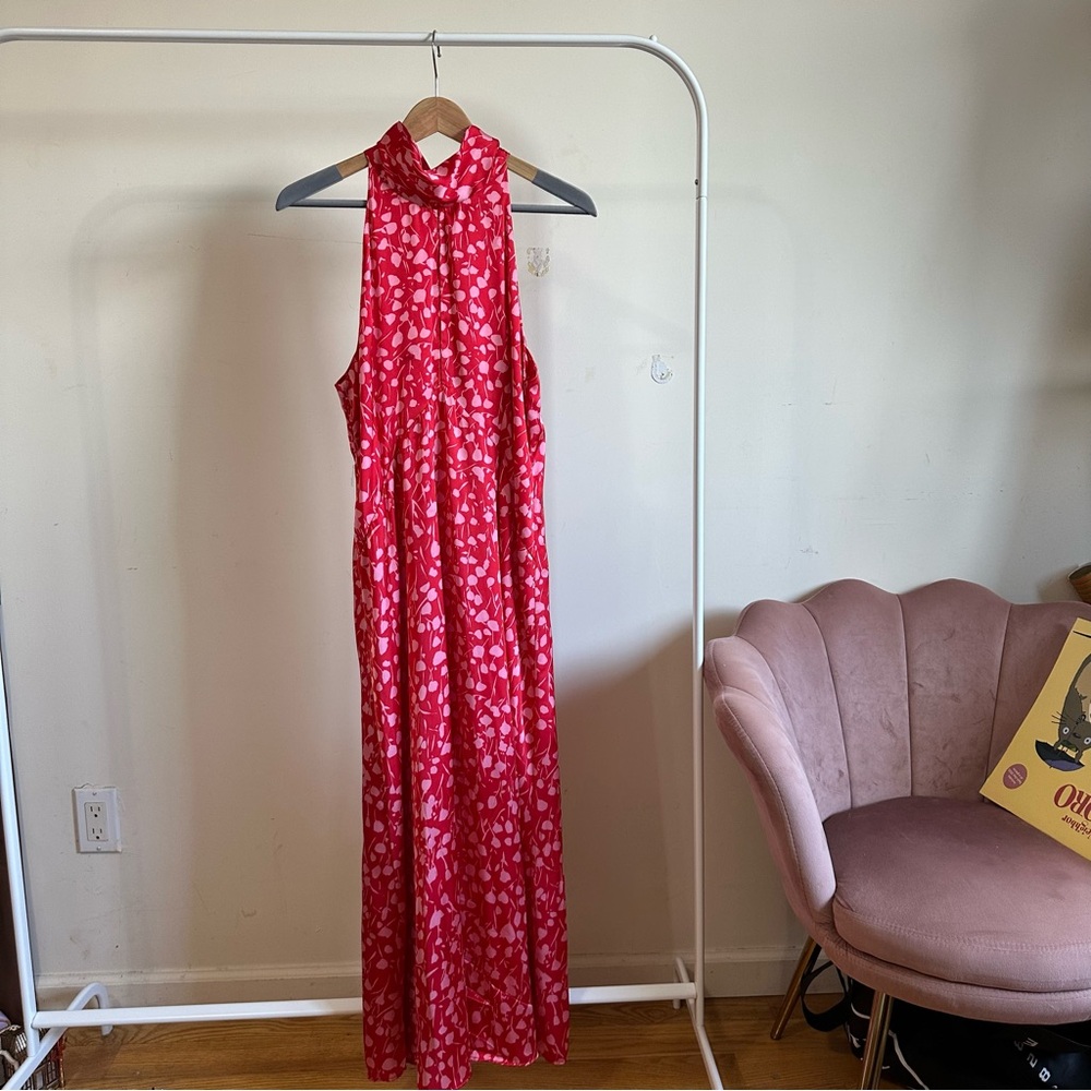 Zara | Red and Pink Halter Neck Floral Midi Dress | Size L